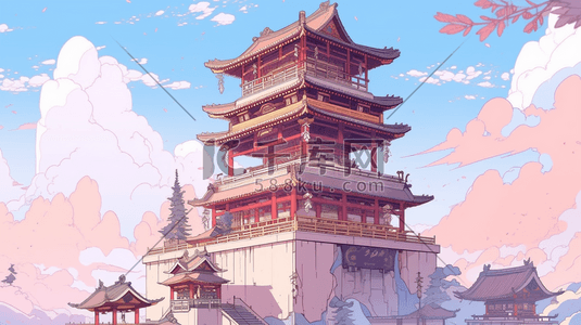 传统建筑插画图片_国风国潮传统建筑风景