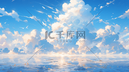 海面插画图片_唯美插画天空白云海面