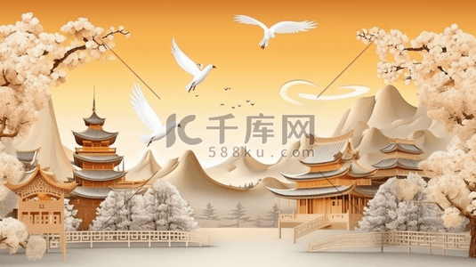 中国风古典剪纸风建筑风景插画