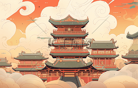 国风古代建筑插画图片_国潮风景中国风古代建筑