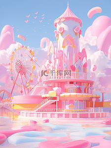 粉色梦幻插画图片_粉色梦幻卡通3D立体游乐场