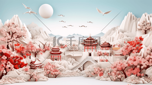 中国风古典剪纸风建筑风景插画