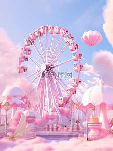 粉色梦幻卡通3D立体游乐场旋转木马