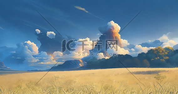 装修壁纸插画图片_手绘天空草地风景唯美插画壁纸高品质8K