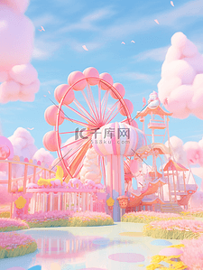 粉色梦幻插画图片_粉色梦幻卡通3D立体摩天轮游乐场