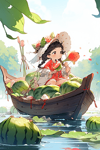 一个可爱的小女孩在船上吃西瓜