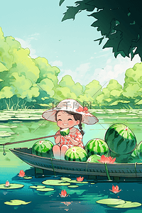 船上的门插画图片_一个可爱的小女孩在船上吃西瓜