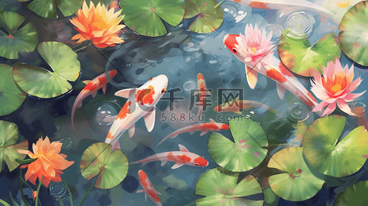 夏季池塘中的锦鲤插画