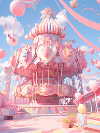 粉色梦幻卡通3D立体旋转木马游乐场