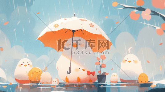 卡通可爱的小鸭子撑着伞在雨中