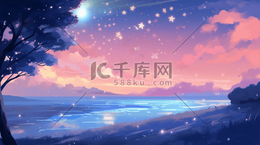 月海插画图片_大海唯美梦幻的月夜蓝紫色场景