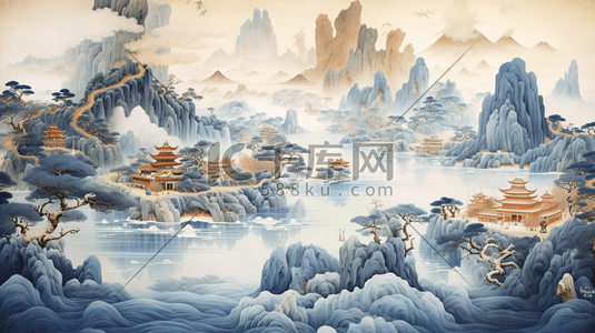 中的国风插画图片_中国风梦幻云雾中的山风景插画