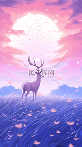 蓝紫色玫瑰插画图片_蓝紫色唯美梦幻月夜下的小鹿