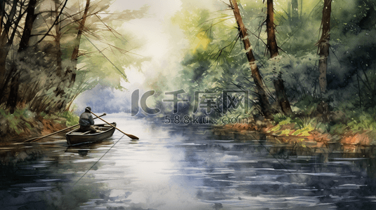 舟插画图片_水彩风丛林湖泊深处划舟的人