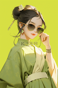 国潮多巴胺绿色汉服女孩人物插画