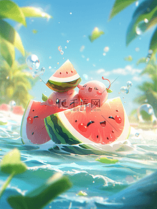 派对桌子插画图片_夏天夏季场景插画创意西瓜派对