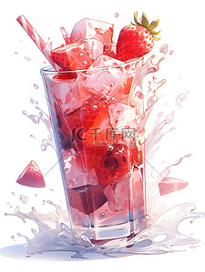 抹茶奶昔插画图片_一杯草莓奶昔溅上冰块17