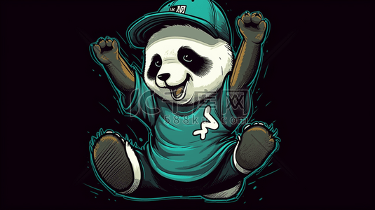 T恤图案插画图片_穿着T恤戴帽子跳舞的熊猫