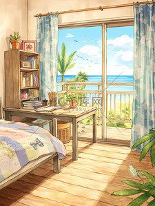 面朝大海插画图片_面朝大海的卧室漂亮风景房间15