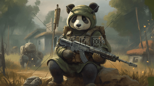 武装插画图片_军旅风格着装的熊猫