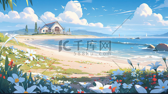 大海旅行插画图片_夏天大海海滩美丽花朵插画15