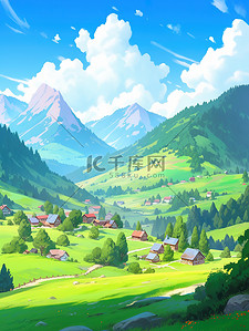 踩在脚下插画图片_雪山脚下宁静的村庄夏天绿色草地