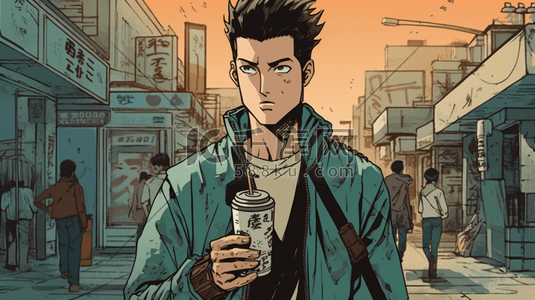 街拍插画图片_穿着夹克拿着咖啡的男性
