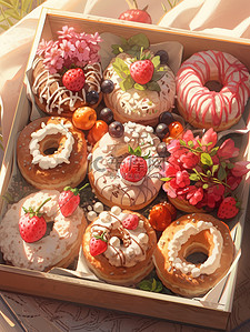 水果甜品插画图片_盒子里各种甜甜圈美食甜品面包19