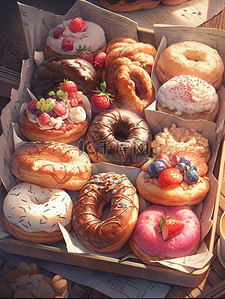 水果甜品插画图片_盒子里各种甜甜圈美食甜品面包14