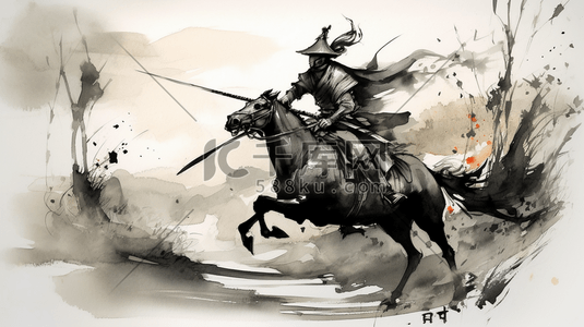 骑马雕像插画图片_水墨风格的骑马游侠