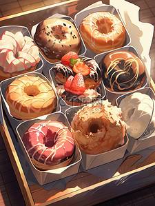 水果甜品插画图片_盒子里各种甜甜圈美食甜品面包20