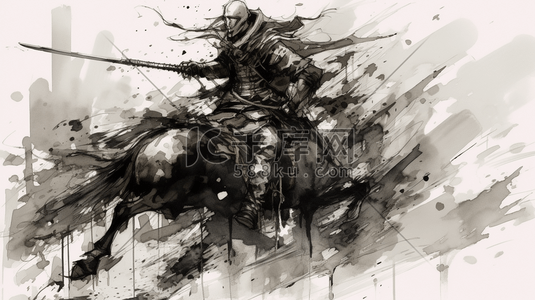 骑马雕像插画图片_水墨风格的骑马游侠