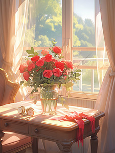 浪漫红色玫瑰花花瓶阳光窗台2