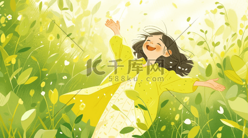 绿色唯美植物丛中的女孩插画3