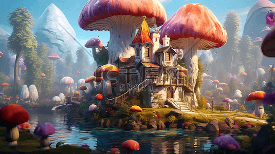 水生物插画图片_一座童话般的巨大蘑菇城堡