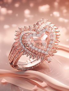 珠宝插画图片_粉红色天鹅绒背景钻石的心形戒指11