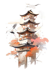 传统建筑插画图片_仙鹤白鹭古代传统建筑祥云平面插图6