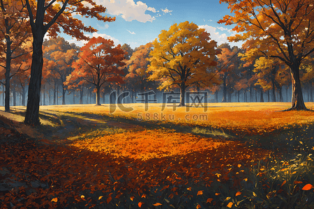 秋天的落叶手绘插画图片_秋天的田野上落满了落叶