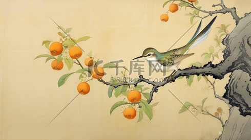 秋天柿子树中国风古典水彩花鸟插画