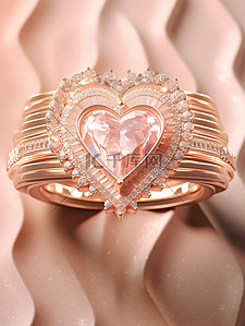 金色珠宝首饰插画图片_粉红色天鹅绒背景钻石的心形戒指15