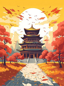 秋天的北京古建筑旅游插画15