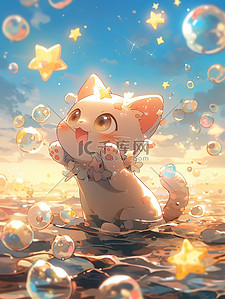 梦幻场景插画图片_可爱的猫在玩水梦幻场景动漫8
