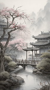 中国风景观插画图片_中国风水墨中式园林景观园林风景