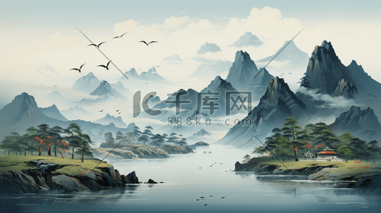 中国风青山远山齐白石绘画风格山水画