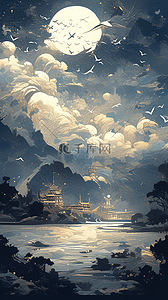 绚丽多彩插画图片_剪纸风明月和星空