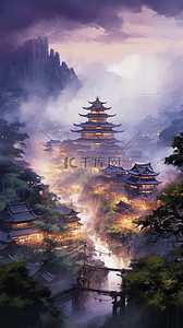 中国风游戏插画图片_水粉画中式建筑山村风景国风游戏场景