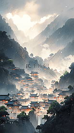 水粉画美丽的雨后云雾中的山村风景