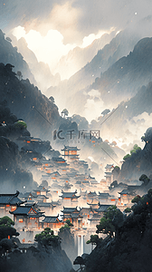 中的国风插画图片_水粉画美丽的雨后云雾中的山村风景