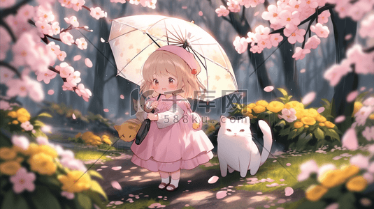 卡通小猫和穿粉色裙子撑着伞的小女孩