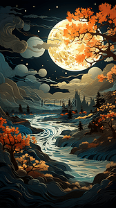 秋天剪纸风浪漫的星空和明月风景